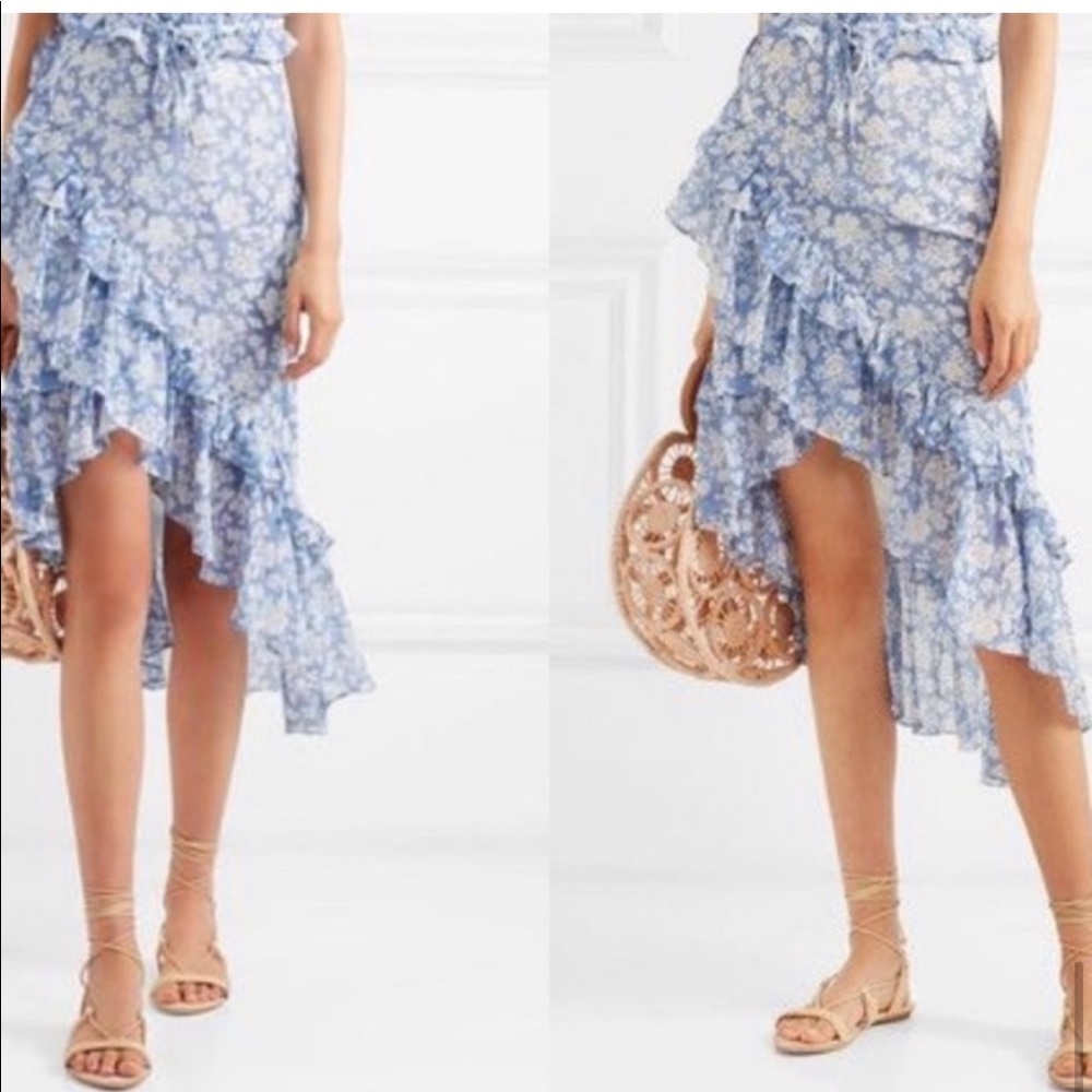 LoveShackFancy Blue White Floral Faux Wrap Ruffled Midi Skirt Womens Size 2